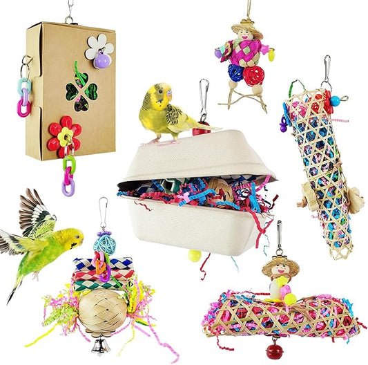 6PCS Bird Parakeet Cockatiel Toys - Foraging Shredder Box, Hanging Toys, Love Bird, Parrot, Tiger Skin Parrot Accessories