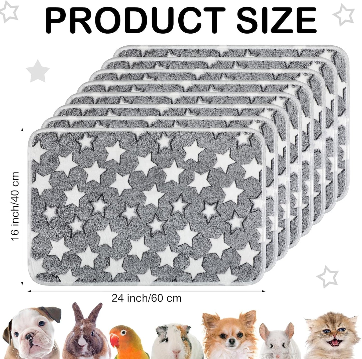 Tudomro 8 Pcs Guinea Pig Blankets Absorbent Washable Animal Fleece Bedding Cage Liners Waterproof Reusable Pet Pee Sleep Mat Pad Cover for Chinchilla Hamster Ferret(Grey Star,16 x 24 Inch)