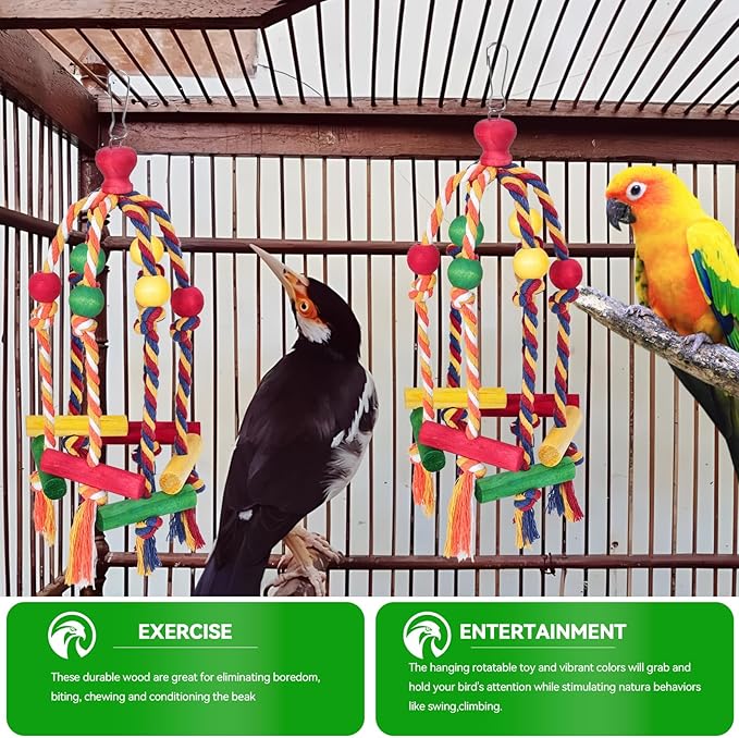 2PCS Dangly Rope Bird Toys，Medium and Small Birds Toys Multicolored Natural Wooden Bird Chewing Bird Cage Accessories for Parakeet Parrot Conure Cockatiel Budgies Lovebird Cage Toy