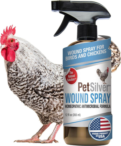 PetSilver Chicken Wound Spray for Chickens & Birds - Patented Silver Solution - Silver Spray for Wounds, Pecking Sores, Bumblefoot, Cuts, Burns, & Skin Irritations - Chicken Care - USA Made - 12 fl oz