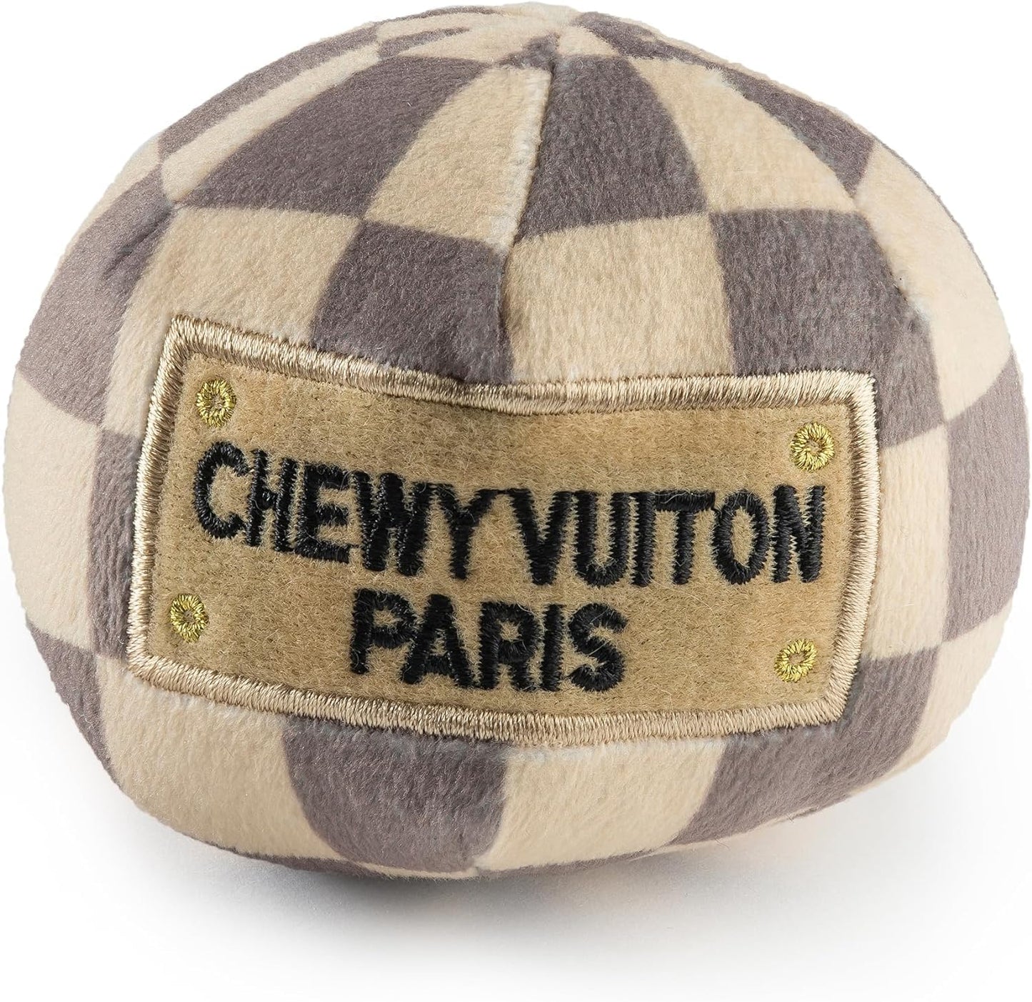 Haute Diggity Dog Checker Chewy Vuiton Ball, Plush Designer Dog Toys with Interactive Squeaker, Stimulating Pet Enrichment, Machine-Washable & Safe Materials for All Breeds, Size Small