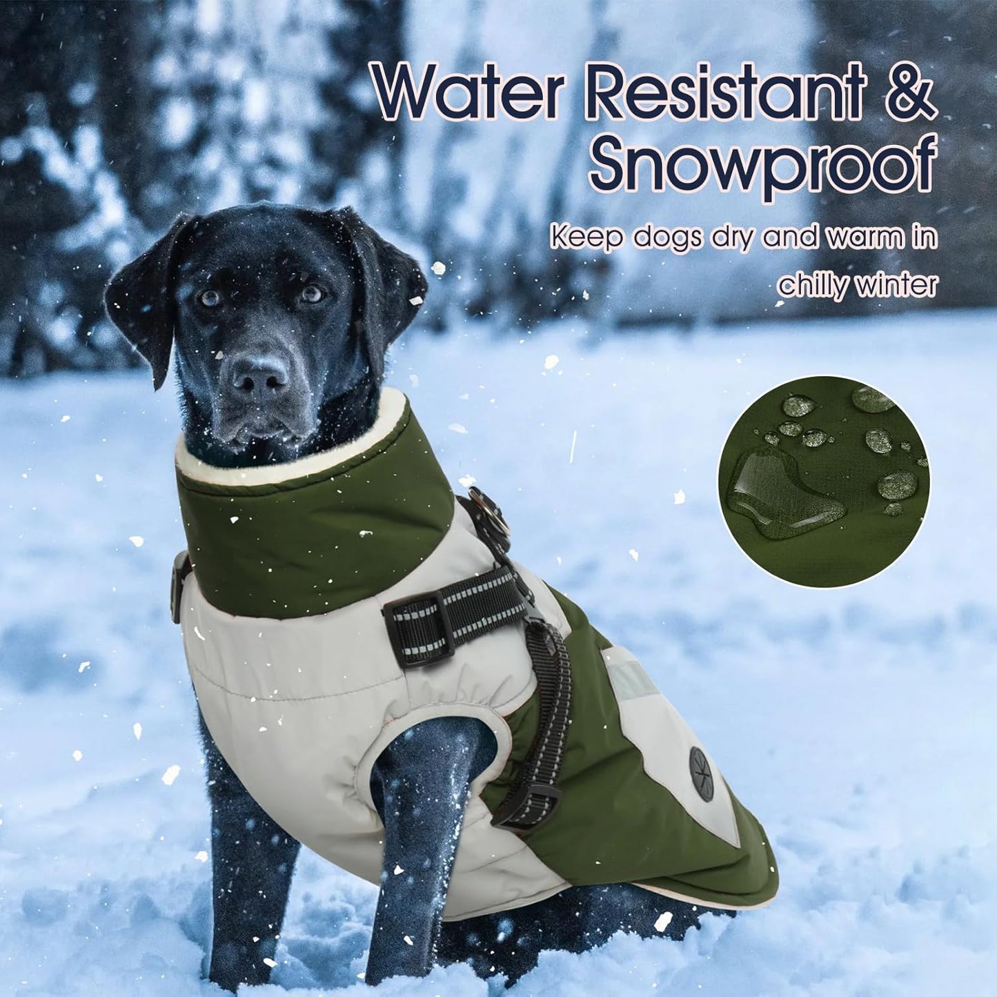 IECOii Zip Up Dog Coat for Large Dogs - Waterproof Winter Fleece Jacket in Green, XLarge - Suitable for Border Collie, Pitbull