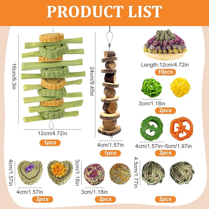 22Pcs Bunny Chew Toys for Rabbits Teeth, Natural Rabbit Toys Apple Wood Sticks, Carrot, Timothy Grass Treats for Small Pets, Hamster, Chinchilla, Guinea Pig