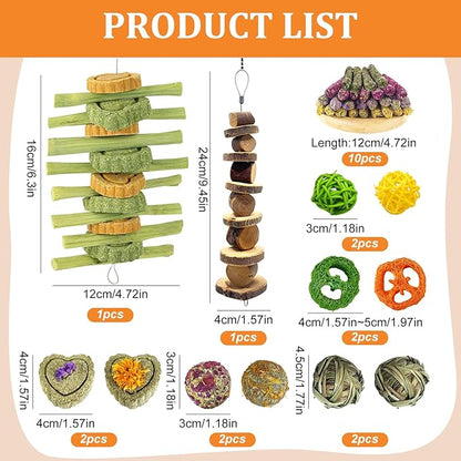 22Pcs Bunny Chew Toys for Rabbits Teeth, Natural Rabbit Toys Apple Wood Sticks, Carrot, Timothy Grass Treats for Small Pets, Hamster, Chinchilla, Guinea Pig