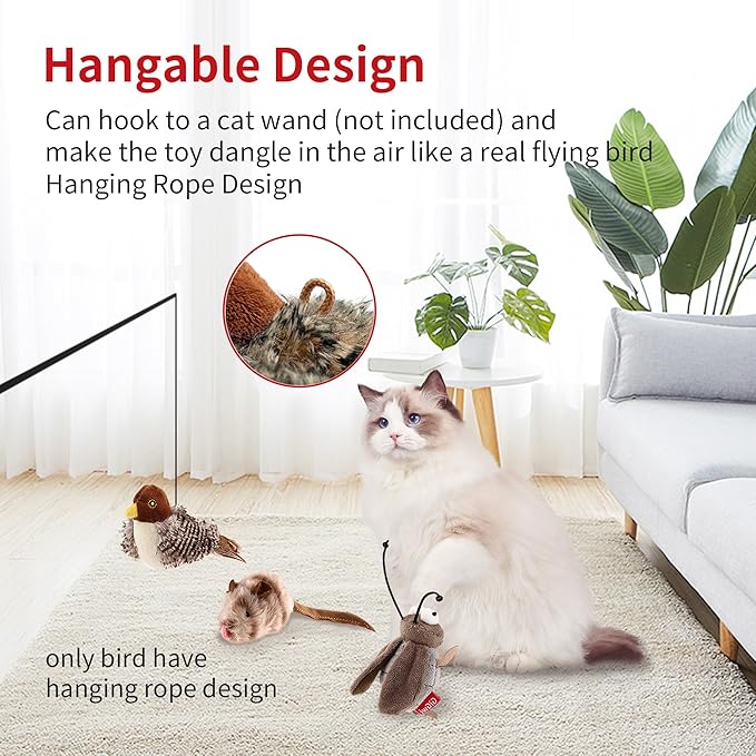 PETGEEK Gigwi Simulated Chirping Bird Cat Toy, Fake Interactive Cat Toys for Indoor Cats, Feather Toy with Hanging Loop for Bored Indoor Adult Kittens Interactive Play (Bird Mouse Cricket)