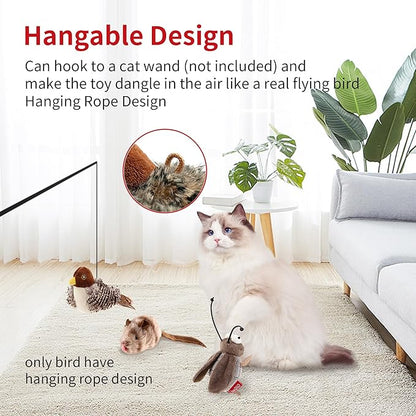 PETGEEK Gigwi Simulated Chirping Bird Cat Toy, Fake Interactive Cat Toys for Indoor Cats, Feather Toy with Hanging Loop for Bored Indoor Adult Kittens Interactive Play (Bird Mouse Cricket)