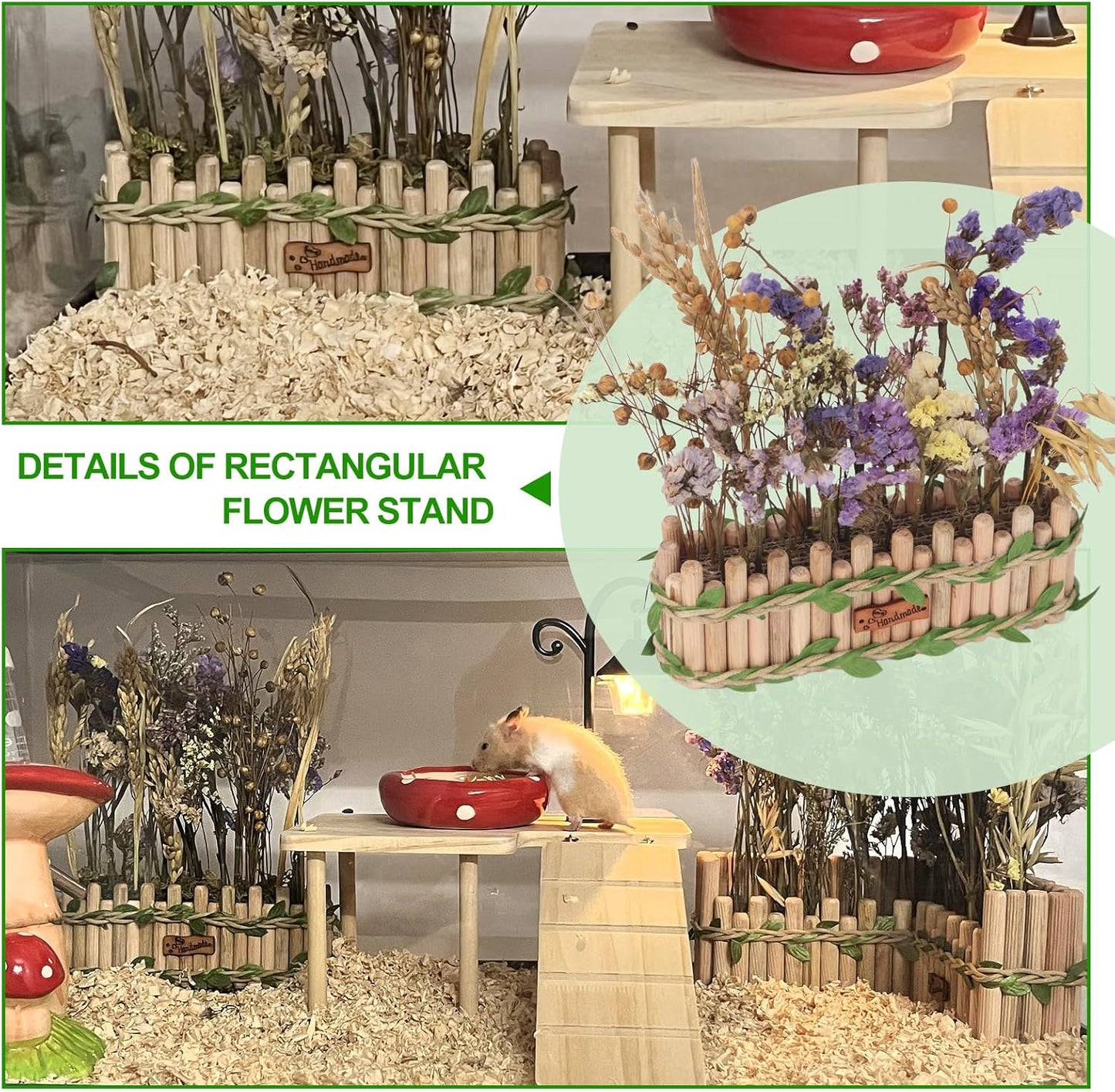 Hamster Cage Sprays Flower Foraging Holder - Natural Wood Feeding Stand, Small Pet Habitat Accessories for Hamsters Mouse Guinea Pig Dwarf Gerbils Syrian Mice (Rectangle Shape)