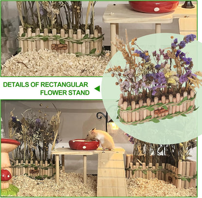 Hamster Cage Sprays Flower Foraging Holder - Natural Wood Feeding Stand, Small Pet Habitat Accessories for Hamsters Mouse Guinea Pig Dwarf Gerbils Syrian Mice (Rectangle Shape)
