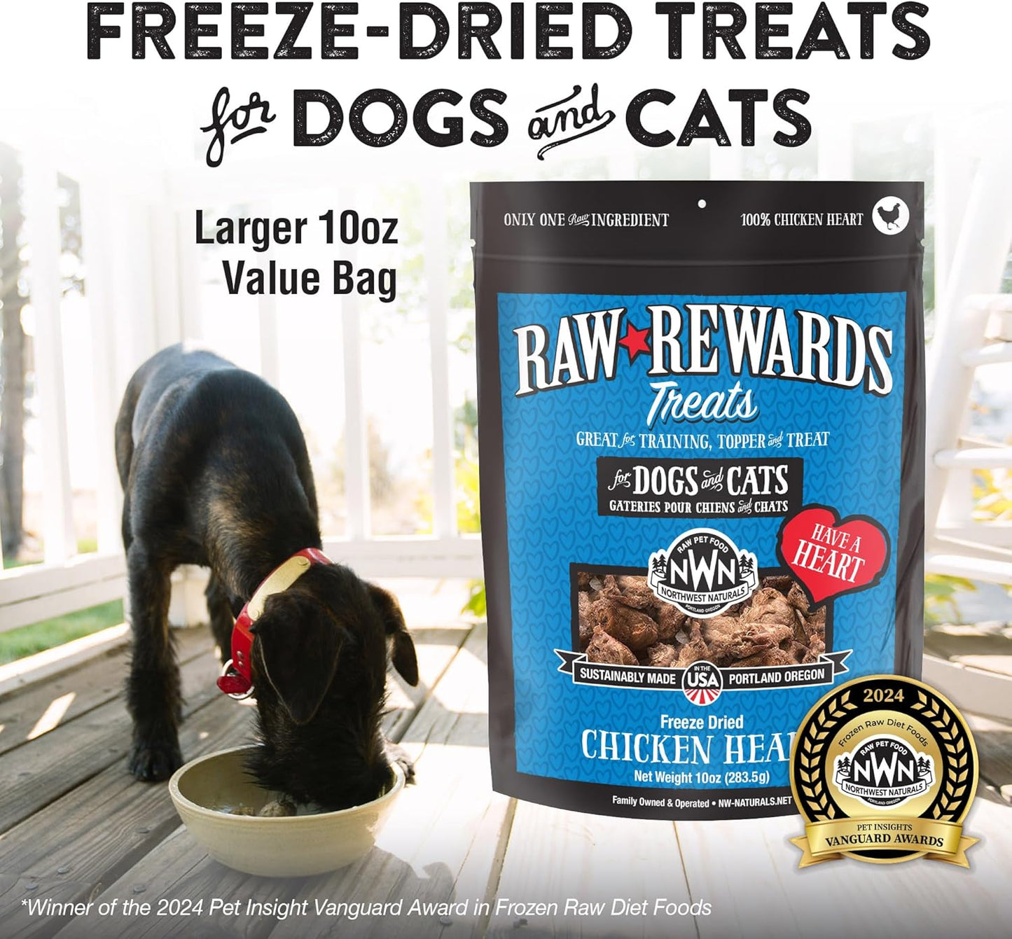 Northwest Naturals Raw Rewards Freeze-Dried Chicken Heart Treats for Dogs and Cats - Bite-Sized Pieces - Healthy, 1 Ingredient, Human Grade Pet Ingredients, Natural, Made in USA, 10 Oz (Pack of 3)