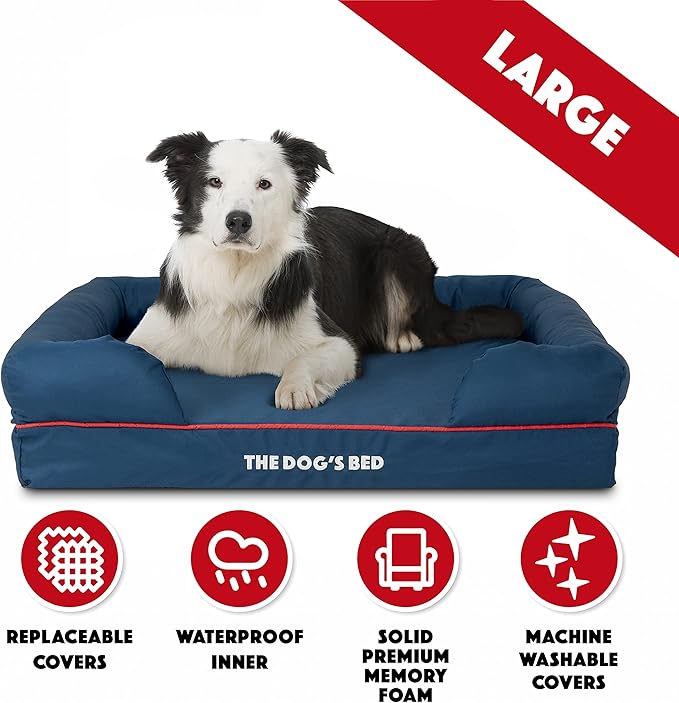 The Dog’s Bed, Large Oxford Blue/Red Memory Foam, Pain Relief: Arthritis, Hip & Elbow Dysplasia, Post Surgery, Lameness, Supportive, Calming, Waterproof Washable Cover