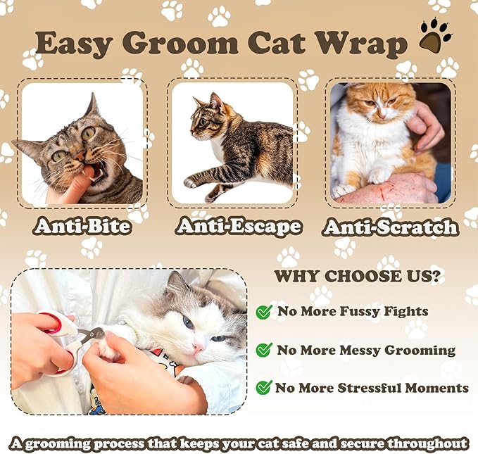 21.7" Cat Grooming Wrap, Cat Wrap for Cutting Nails, Medicine, Teeth Brushing & Ear Cleaning, Cat Nail Trimming Restraint, Self-Adhering Cat Swaddle Wrap, Anti-Scratch Anti-Escape M(Within 6lbs)