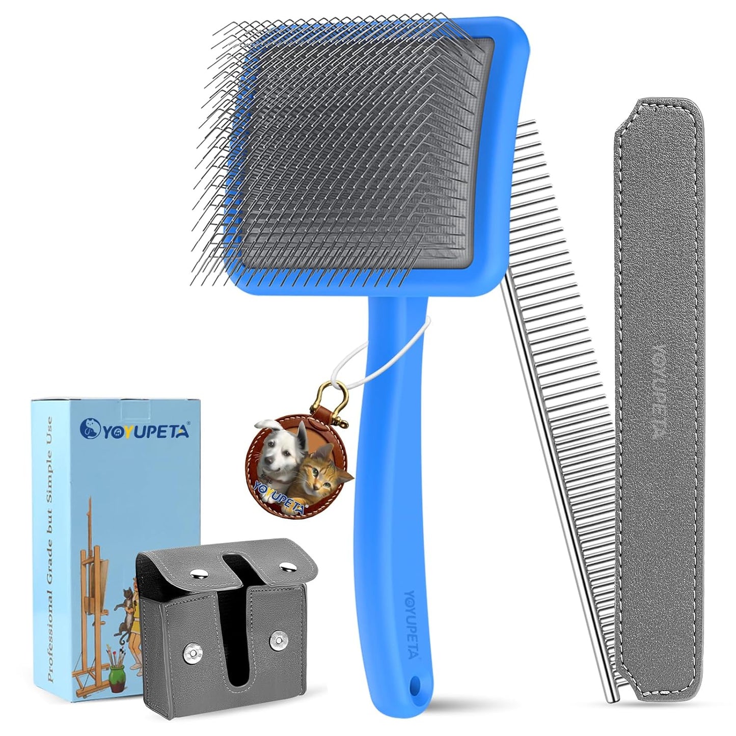Large Dog Slicker Brush & Comb Set with Leather Sleeves - Long Pin Deshedding Brush for Golden Retrievers, Poodles, Doodles & Thick Coats, Wood Handle Pet Grooming Kit for Dogs, Cats. Blue