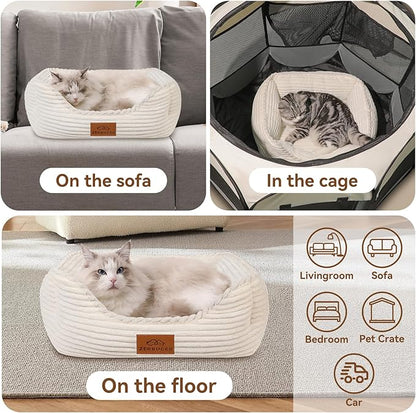 Cat Dog Bed for Pets, Rectangle Pet Bed Gift for Puppy and Kitten, Machine Washable Calming Fluffy Pet Couch Sofa for Indoor Outdoor, Portable Soft Cat Bed with Non-Slip Bottom (Small, Cream)