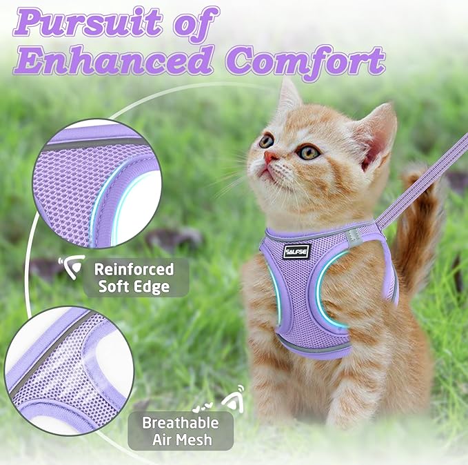 Cat Harness and Leash for Walking Escape Proof, Adjustable Kitten Vest Harness Reflective Soft Mesh Puppy Harness for Outdoor, Comfort Fit, Easy to Control (Purple, XS)