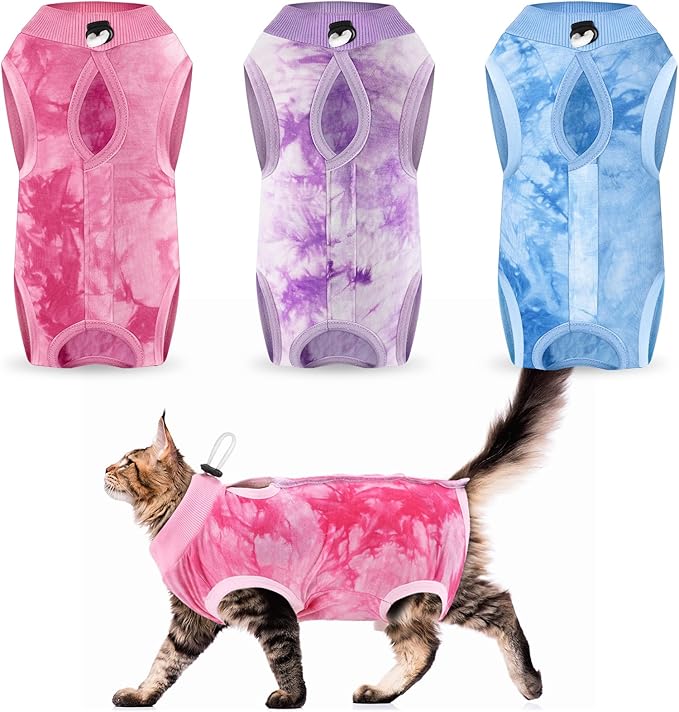 Nuanchu 3 Pieces Cat Recovery Suit Kitten Recovery Suit E-Collar Alternative for Cats and Dogs Abdominal Skin Anti Licking Pajama Clothes Sets(Small,Smudge Style,Purple Pink Blue)