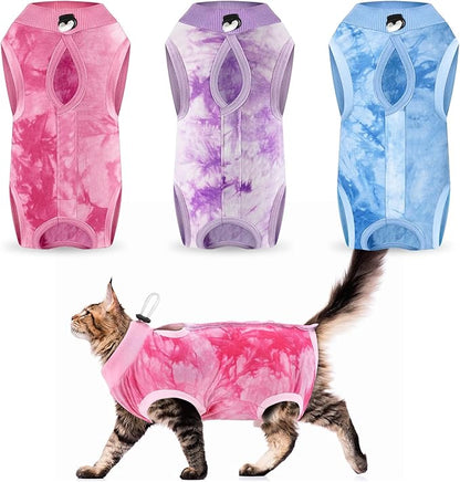 Nuanchu 3 Pieces Cat Recovery Suit Kitten Recovery Suit E-Collar Alternative for Cats and Dogs Abdominal Skin Anti Licking Pajama Clothes Sets(Small,Smudge Style,Purple Pink Blue)