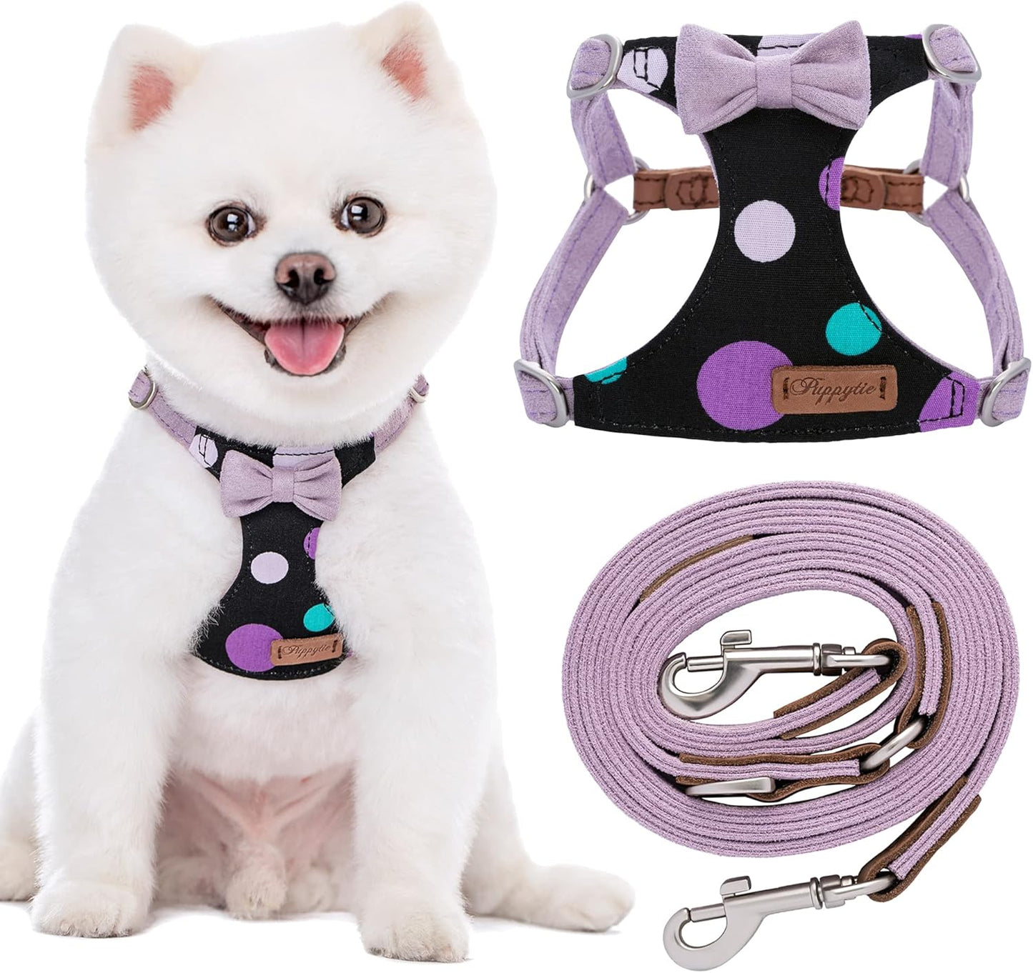 Puppytie No Pull xs Dog Harness with Multifunction Dog Leash,Soft Adjustable No Choke Escape Proof Pet Harness Vest,Polka dots Taro Purple,XS