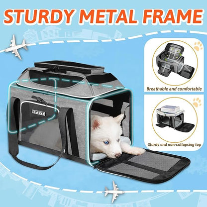 Petskd Top-Expandable Pet Carrier 17x12x8.5 Inches JetBlue Allegiant Spirit Airline Approved, Soft-Sided Carrier for Small Cats and Dogs with Locking Safety Zippers and Anti-Scratch Mesh(Grey)