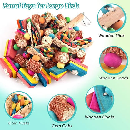 2 Pcs Large Bird Toys, Natural Corn Cob Parrot Chew Toy, Multicolored Leaf-Shaped Chewing Wood Blocks for Large and Medium-Sized Macaws, Cockatoos, Amazon Parrots, African Grey