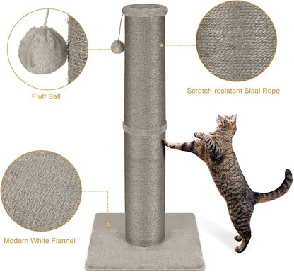 PAWSCRAT Cat Scratching Post 32 Inch High, 5.5 Inch Large Diameter Natural Sisal Cat Scratch Post, Scratch-Resistant and Durable Tall Cat Scratcher for Indoor Cats, Protect Your Furniture, Gery