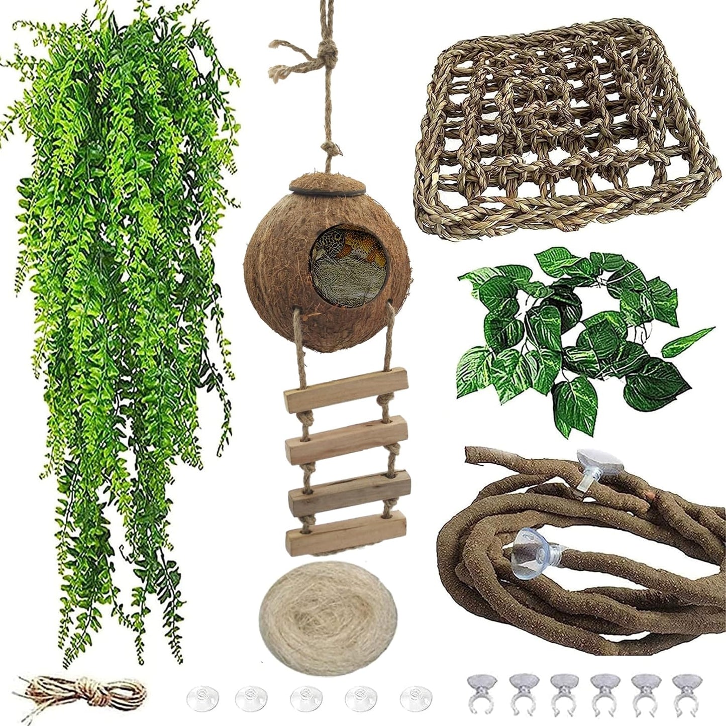 5PCS Coconut Hut for Gecko, Lizard Coco Den with Ladder and Reptile Hammock Bearded Dragon Tank Accessories Climbing Hanging Plants Jungle Vine Flexible Reptile Leaves Decor