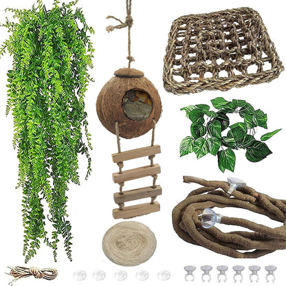 5PCS Coconut Hut for Gecko, Lizard Coco Den with Ladder and Reptile Hammock Bearded Dragon Tank Accessories Climbing Hanging Plants Jungle Vine Flexible Reptile Leaves Decor