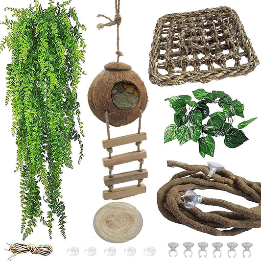5PCS Coconut Hut for Gecko, Lizard Coco Den with Ladder and Reptile Hammock Bearded Dragon Tank Accessories Climbing Hanging Plants Jungle Vine Flexible Reptile Leaves Decor