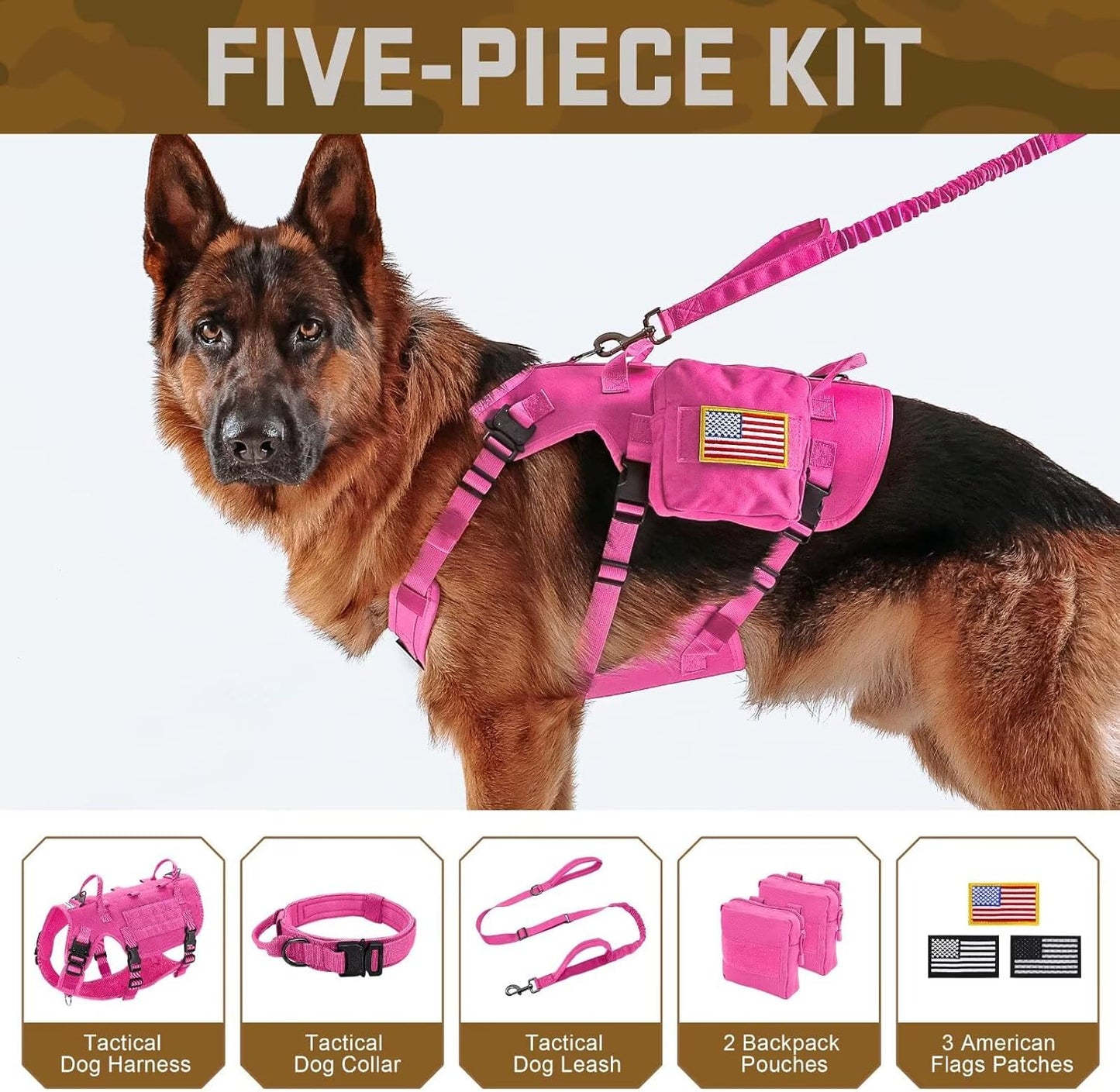 Forestpaw Pink Tactical Dog Harness for Large Dogs,Tactical Dog Collar with Bungee Leash Set,No Pull Military Dog Harness for Walking Training,Adjustable for Medium Large Dogs,Chest 21.5-45"