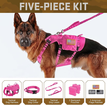 Forestpaw Pink Tactical Dog Harness for Large Dogs,Tactical Dog Collar with Bungee Leash Set,No Pull Military Dog Harness for Walking Training,Adjustable for Medium Large Dogs,Chest 15.5-25.5"