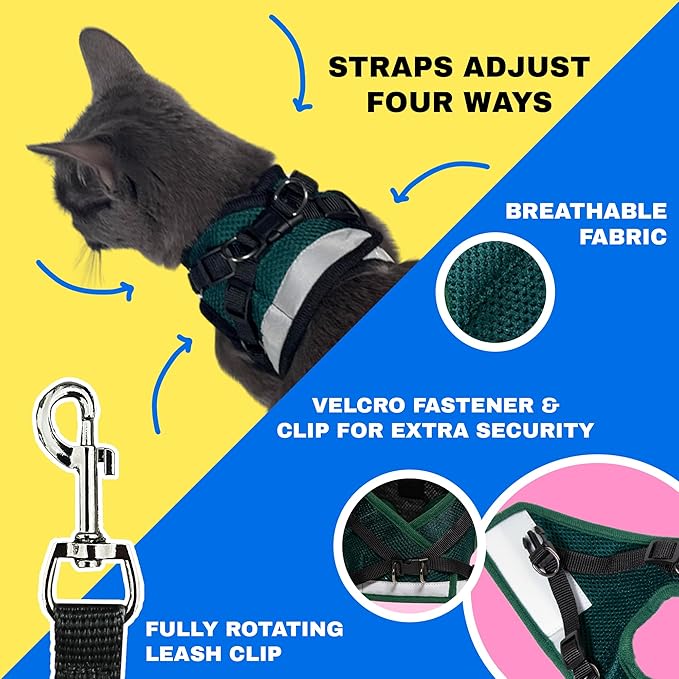 Travel Cat The Emerald Explorer Limited Edition Green Harness and Leash Set - Adjustable Fit Mesh Cat Harness with Reflective Strap - Escape Proof Harness for Cats, Kitten (Emerald, Small)