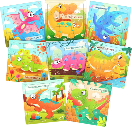 Wooden Puzzles for Toddlers, 8 Pack Dinosaur Jigsaw Puzzles for Kids3-5, 9 Pieces Preschool Learning Activities, Learning & Educational Puzzles, Gift for Boys, Girls