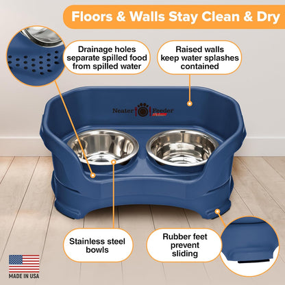 Neater Pet Brands Neater Feeder Deluxe Mess Proof Dog Bowls Elevated for Small Dogs Under 19 lbs, Made in USA, No Spill Raised Dog Food Bowl Stand Feeding Station, Food and Water Bowl Set, Dark Blue