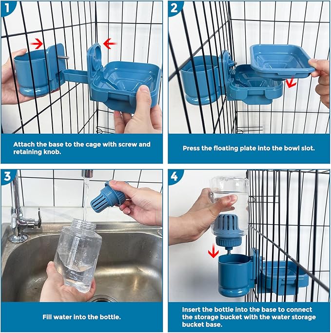 VANNON Small Animal Filter Water Dispenser for Crate, 26oz Water Bottle for Cage, BPA Free and Anti-Overeflow Pet Water Bowl for Small Dogs, Cats and Rabbits, Blue