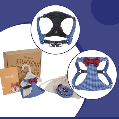 Puppytie No Pull xs Dog Harness with Multifunction Dog Leash,Soft Adjustable No Choke Escape Proof Pet Harness Vest,Plaid Blue,xs