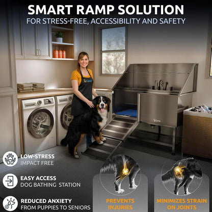 KANIS Professional Dog Washing Station - 304 Stainless Steel Pet Wash Sink & Grooming Bathtub w/Shower, Floor Grates and Storage for Large, Medium & Small Pets (50", Shelf - Left Ramp)