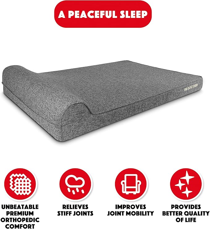 The Dog’s Bed Orthopedic Headrest Dog Bed XXL Grey Linen, Memory Foam, Pain Relief for Arthritis, Hip & Elbow Dysplasia, Post Surgery, Lameness, Waterproof Washable Cover