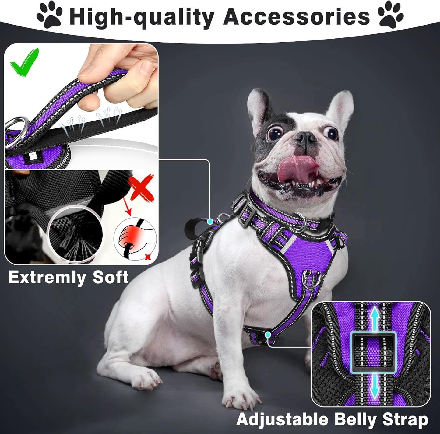 WINSEE Pet Harness Collar and Leash Set, All-in-one Reflective Dog Harness No Pull with Adjustable Buckles for Puppies, Small, Medium, Large, and Extra-Large Dogs (Small, Purple)