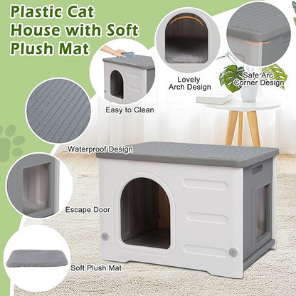 Waterproof Cat House for Outdoor Cats, Plastic Feral Cat House with Escape Door and Soft Mat, Large Indoor Cat House for Mutiple Cats - Grey