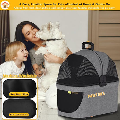 PAWZIDEA Pet Stroller 4 in 1, Dog Strollers with Detachable Carrier No-Zip Canopy, Portable Pet Crate for Car Seat Travel, Foldable & Lightweight Jogger for Small/Medium Dogs and Cats, Storage Basket