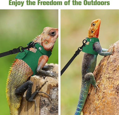 Bearded Dragon Harness Leash Set 3 Size Adjustable Lizards Training Walking Leather Vest Escape-Proof Traction Rope for Outdoor Small Reptiles Animal Squirrels (Green)