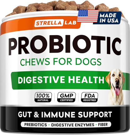 STRELLALAB Dog Probiotics for Digestive Health & Enzymes - Diarrhea, Gas, Upset Stomach Relief & Season Allergy - Pet Probiotics for Dogs- Chews for Digestion - Gut Health for Dogs (60Ct)