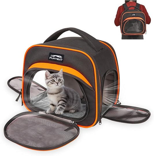 Cat Carrier Backpack, Breathable Collapsible Pet Bag with Safety Leash for Guinea, Kitten, Rabbit Weighing up to 8 Pounds Designed for Travel, Hiking, Walking and Outdoor Use, Black-Orange