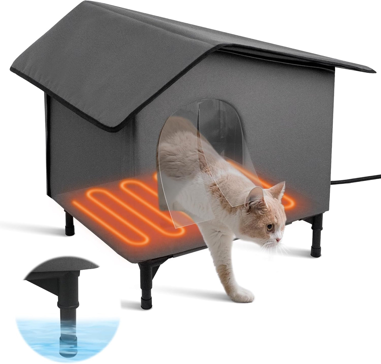 Heated Cat House for Outside/Indoor Cats in Winter,Elevated Outdoor Cat House with Heating Pad Bed,Weatherproof Feral Cats Shelter with Soft Mat (Heat Gray)