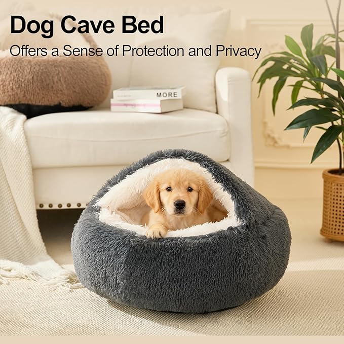 Calming Dog Beds & Cat Cave Bed with Hooded Cover,Removable Washable Round Beds for Small Medium Pets,Anti-Slip Faux Fur Fluffy Coved Bed for Improved Sleep,Fits up to 15/25 lbs(Dark Grey,24"x24")