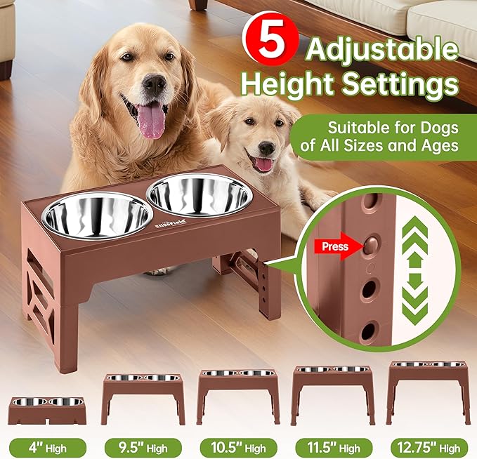 EliteField Elevated Dog Bowls (2-Year Warranty), Two 58 oz Stainless Steel Food Bowls, 5 Adjustable Raised Heights (4", 9.5", 10.5", 11.5", 12.75") Suitable for Dogs of All Ages, Small to Large Sizes