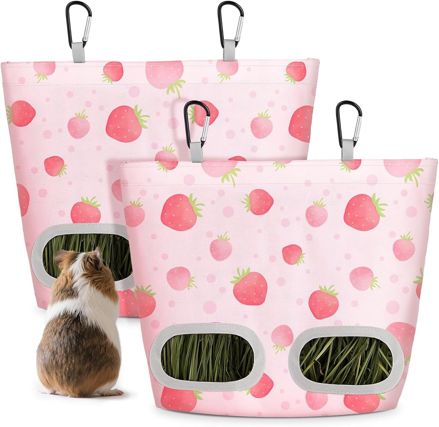 Glittme 2 Pack Guinea Pig Hay Feeder, 11.5x9 Inch Hay Bag for Rabbits, Hanging Hay Holder for Guinea Pigs Cage Hay Feeder for Bunny, Small Pets,Pink Strawberry