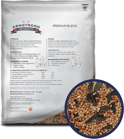 Armstrong Wild Bird Food Premium Blend, 14.3 Pounds - with White Millet, Black Oil Sunflower, Wheat, Peanuts, Striped Sunflower and Safflower for Northern Cardinals and Black-Capped Chickadees