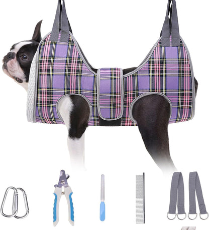 BEAUTYZOO Dog Grooming Hammock for Small Dogs Cat- Dog Sling for Nail Trimming/Clipping- Dogs Hanging Harness Holder with Thick Fabric Neck Support & Strap Restraint Claw Care, Purple S
