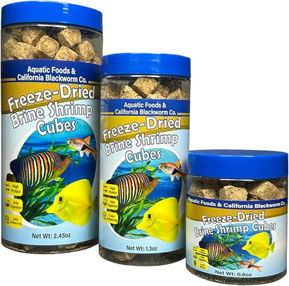 Aquatic Foods Inc. Brine Shrimp, Freeze Dried Floating Brine Cubes for Cichlids, Discus, Tetras, Goldfish, Bettas, Angel Fish, Marines, All Tropicals, Aquatic Turtles 2.45oz Canister