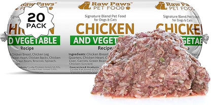 Raw Paws Signature Blend Pet Food for Dogs & Cats - Chicken & Vegetable Recipe, 1-lb Rolls (20 Pack) - Freshly Made in USA - Raw Diet Cat Food - Raw Frozen Dog Food - Fresh Dog Food Log